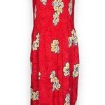 Vintage 90s Maxi Dress Red Tropical Hibiscus Floral Print Smocked Top Medium Photo 0