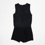 Wayne  Silk Satin Sleeveless Mini Romper One Piece Play Suit Solid Black Pockets  Photo 1