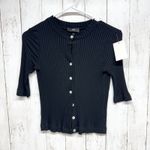 3x1 NYC Sweater Women Size Medium Black Ribbed Crewneck Half Sleeve Button Front Photo 0