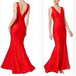 Betsy and Adam  V Neck Lace Mermaid Gown Red Size 6 Photo 2