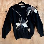 Vintage 80s Anytime Glitz Leather Floral Embellished Black Sweater Medium Photo 0