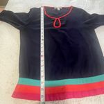 Miami  Navy Blue Long‎ Sleeve Blouse Top Keyhole Neckline Colorblock Retro Sz S Photo 2