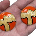 Vintage Unsigned Gold Tone Orange & Tan Enamel Retro Post Earrings 80s 90s Photo 0