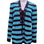 Michael Kors  Sweater Striped Lace-Up V-Neck Knit Top Blue Black Size XL Photo 0