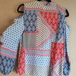 Chico's CHICO’S Size 0 Cold Shoulder Tie Neck Blouse Red Blue Cream Patchwork Bandana Photo 10