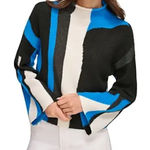 DKNY  Mock Neck Color Blocked Sweater Electric Blue Black Cream Size SMALL Photo 0