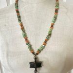 Stabilized Turquoise & Carnelian Beaded Necklace with Industrial Cross & Dragonf Photo 0