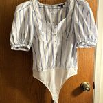 EXPRESS Blue/White Stripe Button Down Sweetheart Neck Puff Sleeve Bodysuit Large Photo 1