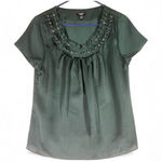 Talbots Petites Embellished Neckline Pleated Blouse Women Emerald Green Size 12P Photo 0
