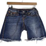 True Religion  Shorts Womens 24 Blue Denim Raw Hem Distressed Cutoff Mid Rise y2k Photo 2