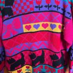 vintage acrylic lurex sweater scottie dog heart flower bows geometric 80s 1980s Pink Size M Photo 2