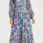 Mac Duggal   8098 Blue Floral Long Sleeve High Neck Ruffle Midi Dress Photo 2