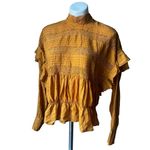 Free People  Mustard Yellow High Neck Long Sleeve Eyelet Smocked Ruffle Top, Sz L Photo 2