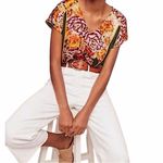 Anthropologie  Tiny Satin Evesham Floral V Neck Cinched Cap Sleeve Top Blouse XS Photo 1