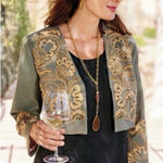 Soft Surroundings Turks Bolero Crop Jacket Medium Olive Green Boho Embroidered Photo 0