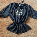 Eduardo Blanco Silk Blouse XS Navy Blue Peasant White Embroidery Boho Top Black Size 0 Photo 0