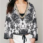 Free People | Kanuk Hoodie Black White Floral Boho Wide Sleeve Hood | Medium Photo 0