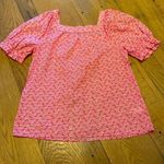 Loft  Cotton Shimmer Puff Sleeve Square Neck Top Blouse Pink White Gold Sz SMALL Photo 6