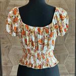 No Frills LA Womens Pullover Top Sz Small Floral V Neck Short Sleeve Orange Photo 2