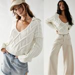 Free People  Size XL Traveler Cable Knit Pullover V Neck Sweater Creme Neutral Photo 1