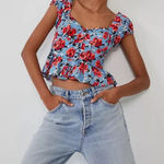 ZARA  Smocked‎ Back Floral Cropped Top Red & Blue Size Small Photo 0