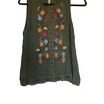 Paper Crane sleeveless top Small olive green boho embroidered flowers on front Photo 2