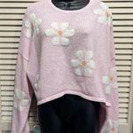 Moon & Madison Pink/White Flowers Crop Crew Neck Sweater Long Sleeve Size Medium Photo 0
