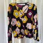 Ava Sky Fighting Eel Women's Floral Hawaiian Faux Wrap Long Sleeve Blouse Top S Black Photo 1