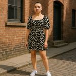 Motel Rocks Motel Daisy Print Mini Dress Smocked Puff Sleeve Square Neck Black Sz M Cottage Photo 11