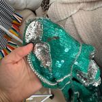 Vintage 80s Sequins Silk Beaded Top Emerald Floral life of a showgirl blouse Silver Size M Photo 9