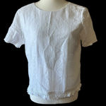 Michael Kors Michael Kors White Textured Patterned Short Sleeve Blouse with Fringe Hem Photo 0