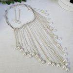 Statement Silver Bib Tassel Necklace with Rhinestones and Pearls Earrings Set Photo 2
