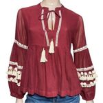 Antropologie Vineet Bahl Size S Burgundy White Nisha Pom Pom Peasant Cotton Top Red Photo 1