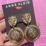 Anne Klein gold tone lion head Metal Round Medallion Coin Dangle drop earrings Photo 2