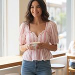 Tularosa Pink Stripe Cottagecore Peplum Top XS | Puff Sleeve Sweetheart Neck XS Photo 5