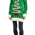 No Boundaries Nobo Green Hooded Sherpa Sweater/Dress Sparkling Christmas Tree Pom Poms Jr L Photo 0