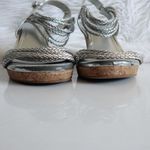 BCBGMAXAZRIA BCBG Paris Metallic Silver Faux Leather Woven Rope Strappy Cork Open Toe Wedges Photo 4