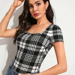 SheIn Square Neck Plaid Fitted Top Photo 1