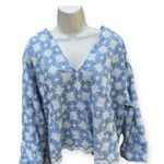 ZARA  Women's Large Light Blue White Geometeic Floral Embroidered Deep V Neck Top Photo 10