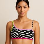 California Waves Zebra Print Bikini Top Size S One Shoulder Neon Trim Photo 0