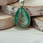 Handmade Green Glitter & Real Snakeskin Accent Tear Shaped Necklace on a 20” chain Photo 1