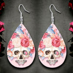 Pink Rose Flower Skull Print Dangle Halloween Earrings Bohemian‎ Faux Leather Photo 0