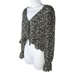 SheIn Black Cottagecore Boho Floral Ruffle Tie Front Crop Top V Neck Blouse L Photo 2