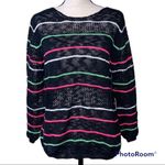 Poof! POOF medium black knit crochet sweater with neon pink and green stripes Photo 12