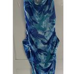 Women’s Blue Green Abstract Floral Cowl Neck Strappy Back Ruched Maxi Dress Sz S Photo 0