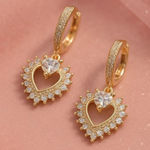 Gold Tone CZ Heart Drop Huggie Hoop Earrings Open Heart Halo Romantic Photo 0