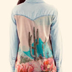 SEDONA SUNSET CACTUS SCENE WESTERN YOKE DENIM BUTTON DOWN SMALL Blue Photo 0