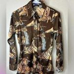 Miami Vintage 70s Disco Mod Tiger All Over Art Cat Print Brown Button Shirt Photo 5