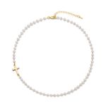 Elegant Gold and White Pearl Necklace with Cross Pendant Photo 3