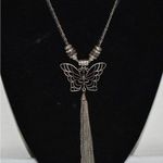 Retro Chic Filigree Butterfly Tassel Silver Tone Charm Cord/Link Chain Necklace Photo 1